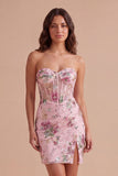 Sparkly Beaded Floral Pink Corset Short Cocktail Dress