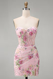 Sparkly Beaded Floral Pink Corset Short Cocktail Dress