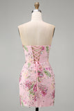 Sparkly Beaded Floral Pink Corset Short Cocktail Dress