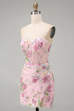Sparkly Beaded Floral Pink Corset Short Cocktail Dress
