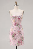 Sparkly Beaded Floral Pink Corset Short Cocktail Dress