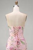 Sparkly Beaded Floral Pink Corset Short Cocktail Dress
