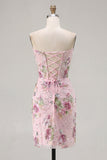 Sparkly Beaded Floral Pink Corset Short Cocktail Dress