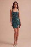 Sparkly Bodycon Dark Green Thick Straps Short Cocktail Dress