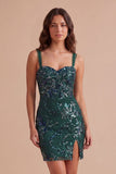 Sparkly Bodycon Dark Green Thick Straps Short Cocktail Dress
