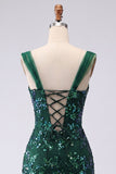 Sparkly Bodycon Dark Green Thick Straps Short Cocktail Dress