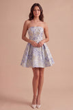 A Line Jacquard Dusty Blue Floral Short Cocktail Dress