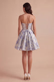 A Line Jacquard Dusty Blue Floral Short Cocktail Dress