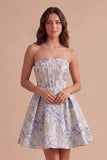 A Line Jacquard Dusty Blue Floral Short Cocktail Dress