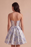 A Line Jacquard Dusty Blue Floral Short Cocktail Dress