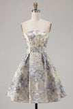 A Line Jacquard Dusty Blue Floral Short Cocktail Dress