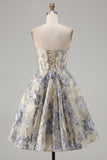 A Line Jacquard Dusty Blue Floral Short Cocktail Dress