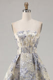 A Line Jacquard Dusty Blue Floral Short Cocktail Dress