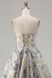 A Line Jacquard Dusty Blue Floral Short Cocktail Dress