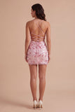 Corset Pink Floral Sparkly Sequined Short Cocktail Dress