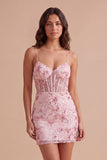 Corset Pink Floral Sparkly Sequined Short Cocktail Dress