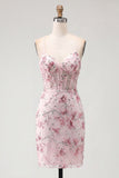 Corset Pink Floral Sparkly Sequined Short Cocktail Dress