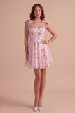 A Line Pink Floral Spaghetti Straps Short Cocktail Dress
