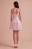 A Line Pink Floral Spaghetti Straps Short Cocktail Dress