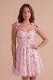 A Line Pink Floral Spaghetti Straps Short Cocktail Dress