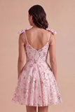 A Line Pink Floral Spaghetti Straps Short Cocktail Dress