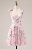 A Line Pink Floral Spaghetti Straps Short Cocktail Dress