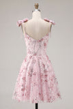 A Line Pink Floral Spaghetti Straps Short Cocktail Dress