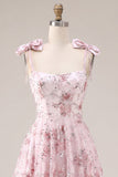 A Line Pink Floral Spaghetti Straps Short Cocktail Dress