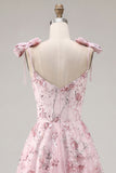 A Line Pink Floral Spaghetti Straps Short Cocktail Dress