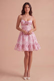 Pink Floral A Line Spaghetti Straps Short Cocktail Dress with 3D Flower