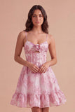 Pink Floral A Line Spaghetti Straps Short Cocktail Dress with 3D Flower