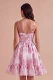 Pink Floral A Line Spaghetti Straps Short Cocktail Dress with 3D Flower