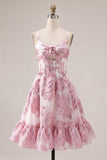 Pink Floral A Line Spaghetti Straps Short Cocktail Dress with 3D Flower