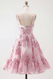 Pink Floral A Line Spaghetti Straps Short Cocktail Dress with 3D Flower