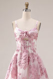 Pink Floral A Line Spaghetti Straps Short Cocktail Dress with 3D Flower