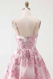 Pink Floral A Line Spaghetti Straps Short Cocktail Dress with 3D Flower