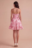 Appliqued Pink Floral A Line Short Cocktail Dress