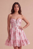 Appliqued Pink Floral A Line Short Cocktail Dress