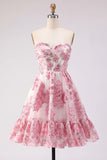 Appliqued Pink Floral A Line Short Cocktail Dress