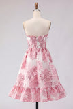 Appliqued Pink Floral A Line Short Cocktail Dress