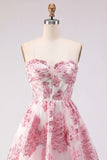 Appliqued Pink Floral A Line Short Cocktail Dress