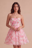 Corset Floral Pink Strapless Short Cocktail Dress