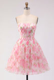 Corset Floral Pink Strapless Short Cocktail Dress
