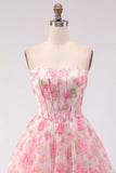 Corset Floral Pink Strapless Short Cocktail Dress