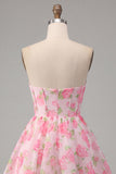 Corset Floral Pink Strapless Short Cocktail Dress