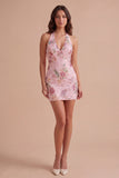 Floral Pink Bodycon Halter Neck Short Cocktail Dress