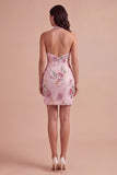 Floral Pink Bodycon Halter Neck Short Cocktail Dress