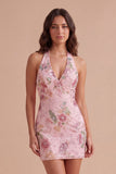 Floral Pink Bodycon Halter Neck Short Cocktail Dress
