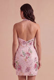 Floral Pink Bodycon Halter Neck Short Cocktail Dress