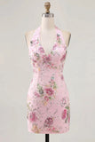 Floral Pink Bodycon Halter Neck Short Cocktail Dress
